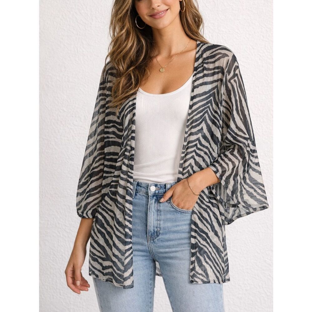 Sweet Pea by Stacy Frati Zebra Print Sheer Open Front Cardigan Cover Up Size S